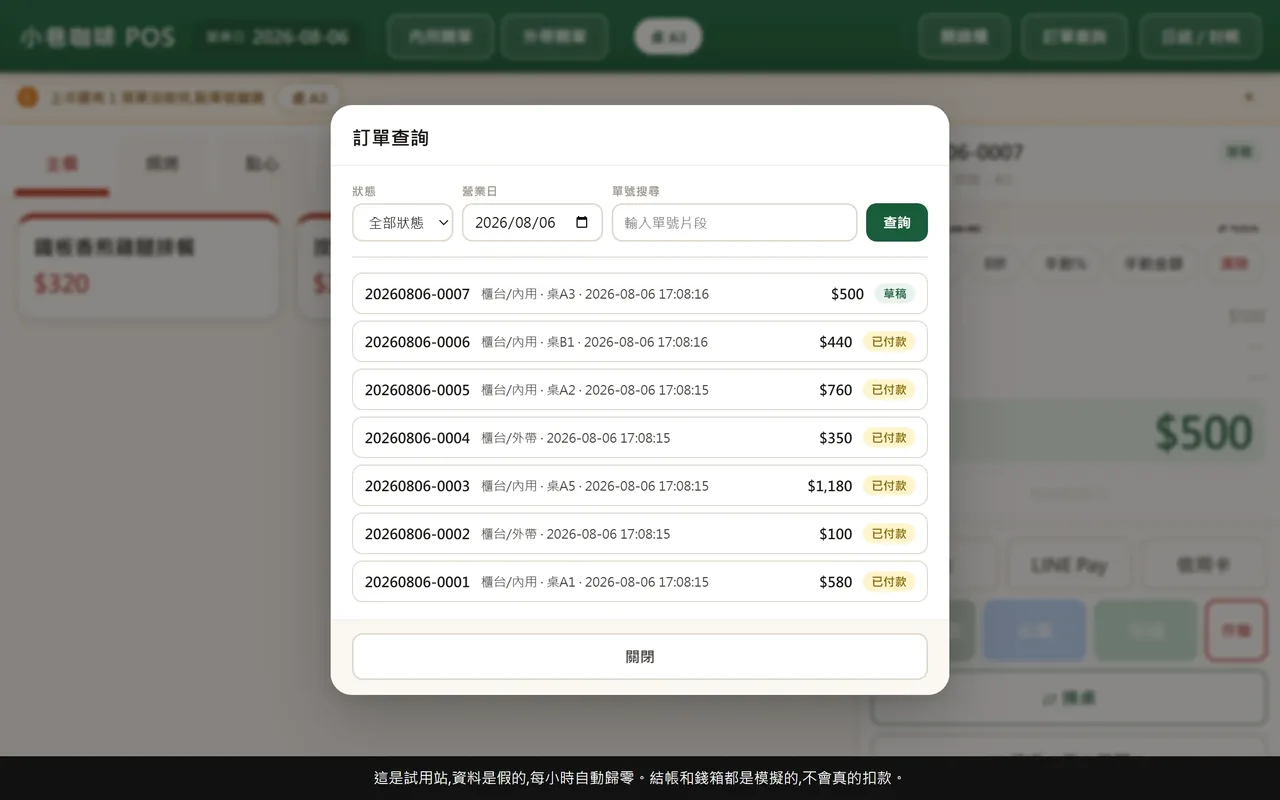 今天所有訂單的列表畫面